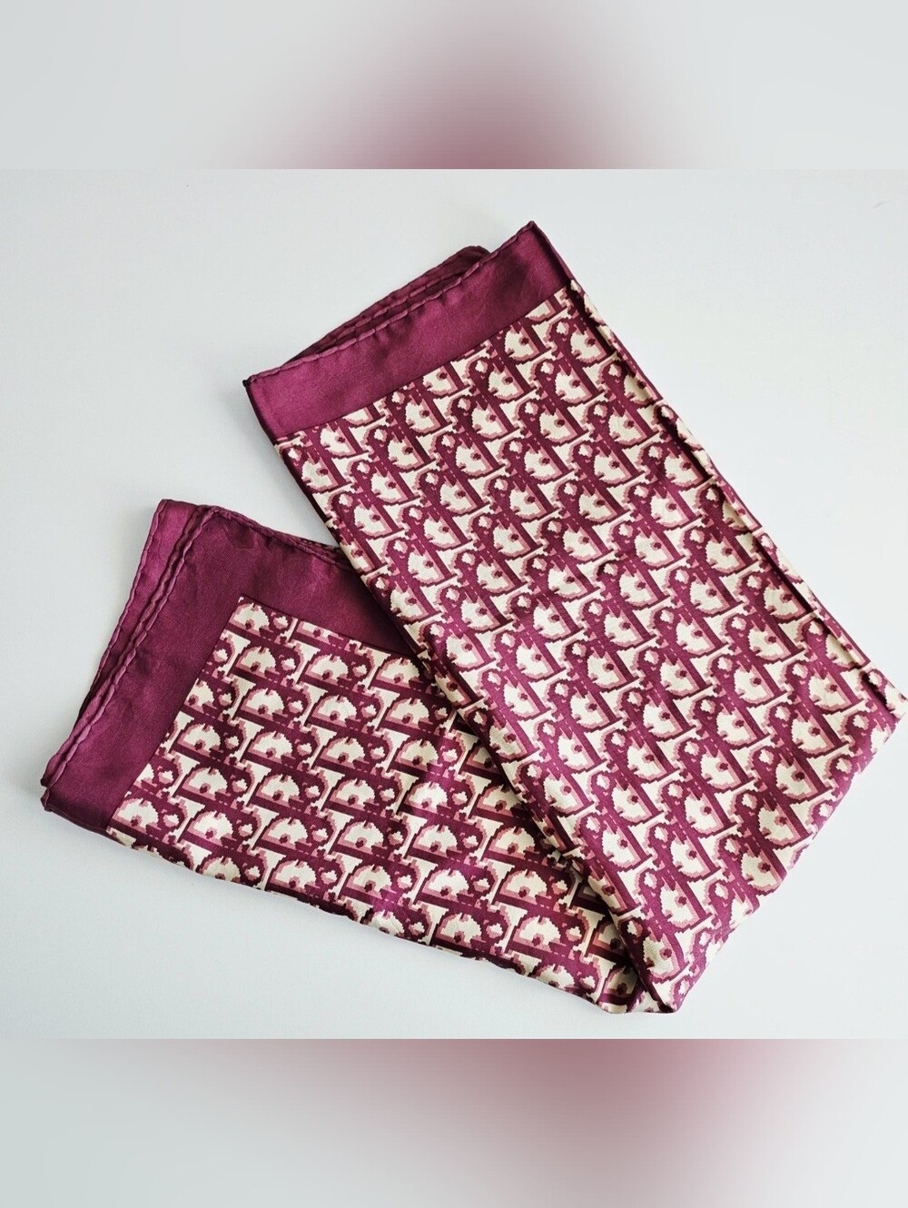 Christian Dior Burgundy & Cream Oblique Monogram Silk Scarf - Picture 5 of 7
